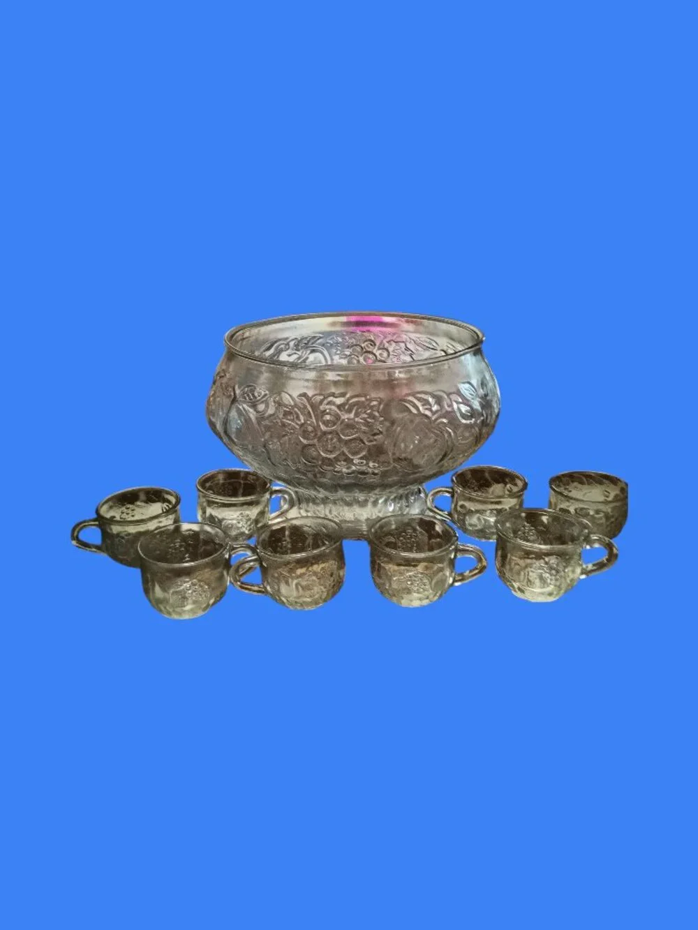 Vintage Glass Punch Bowl Set with 8 Cups - 25% Off When You Bundle 5+ Items